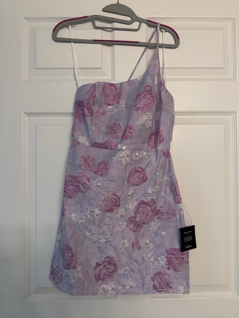 Lulus One To Adore Lilac Floral Jacquard One-shoulder Mini Dress Purple - Size S